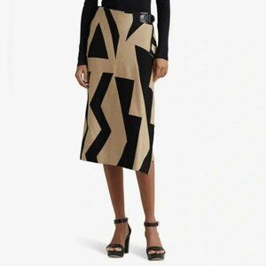 Lauren Ralph Lauren Womens Geometric Asymmetrical Midi Skirt Sz M Black & Tan
